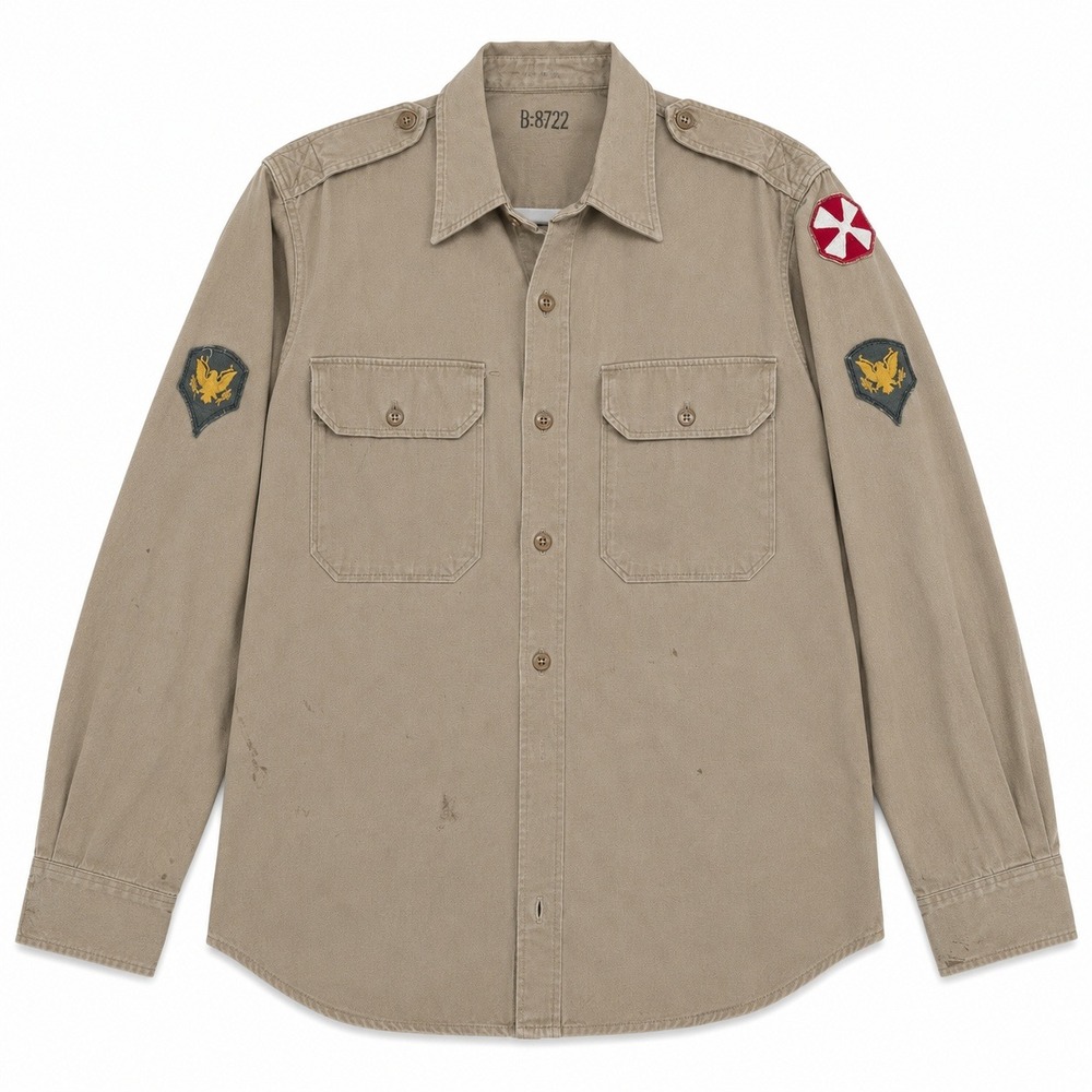 US Military 1954 Khaki Cotton Twill Uniform Shirt Mens L Tan 8th Army Patches